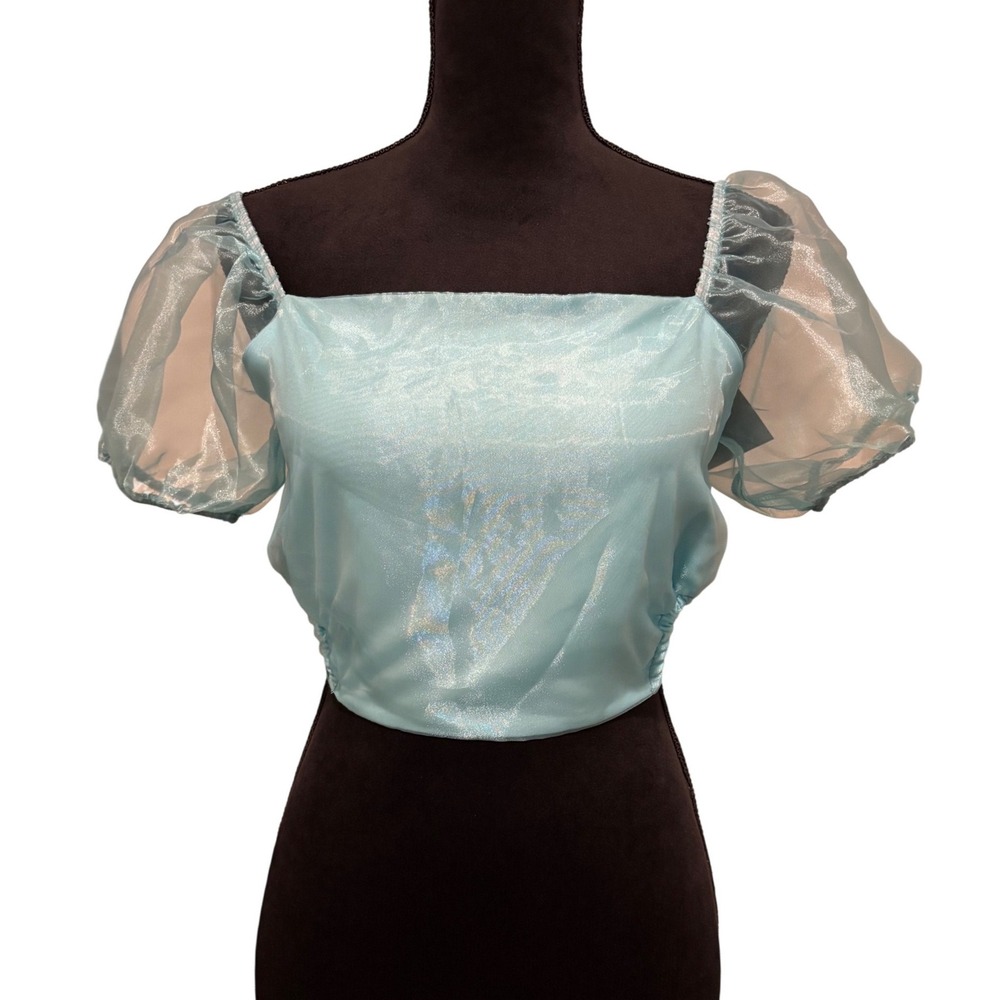 Le Lis Crop Top Women Medium Aqua Blue Shimmer Puff Sleeve Open‎ Back